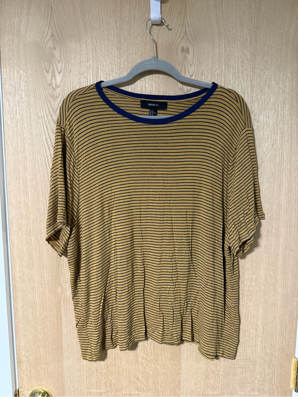 Forever 21 Mustard & navy Striped Tee with Navy Neckline 3X